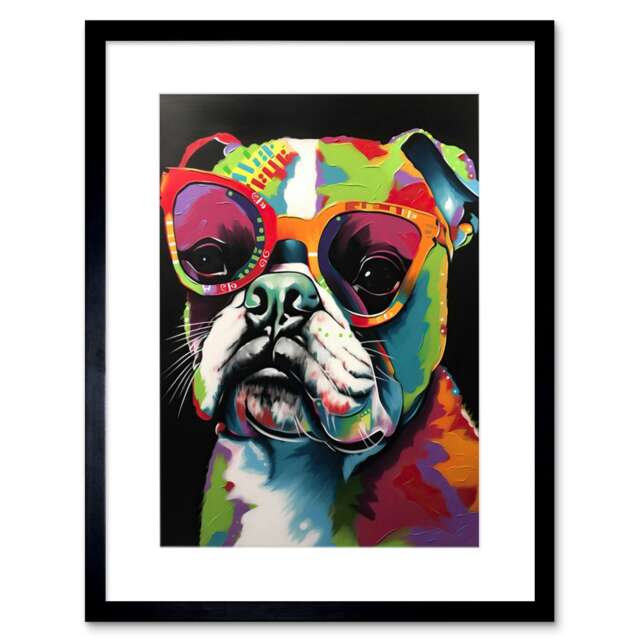 "Rainbow Colour English Bulldog Puppy Sunglasses 9x7"" Black Framed Wall Art Print"
