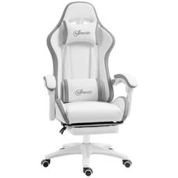 Vinsetto Computer Gaming Chair, PU Leather Office Desk Chair with Footrest, Swivel Wheels, 135 Reclining Back, Lumbar Support, Headrest for Home, White and Grey