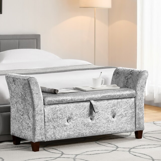Vida Designs Seville Storage Ottoman Bedroom Hallway Chest Bench, Crushed Velvet Silver Silver Silver