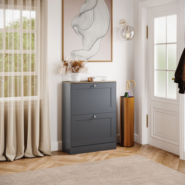 Vida Designs 2 Drawer Shoe Storage Hallway Entrance Cabinet Unit - Grey & Oak