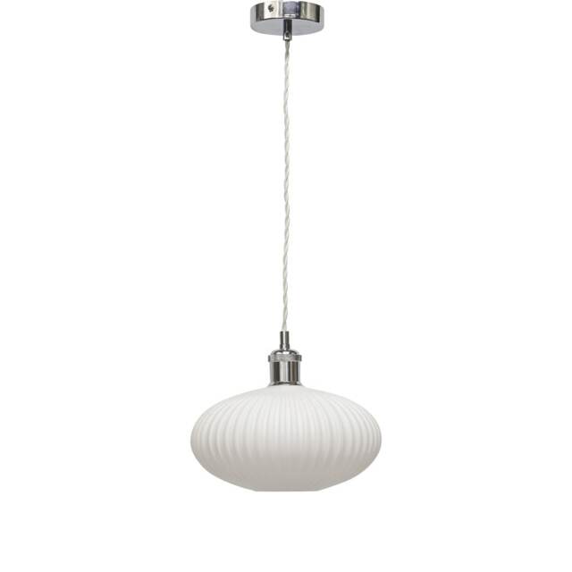Baton - White Ribbed Oval Glass Chrome Retro Pendant Fitting