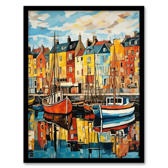 Harbour Boats Edinburgh Port Leith Scotland Black Framed Wall Art Print A4