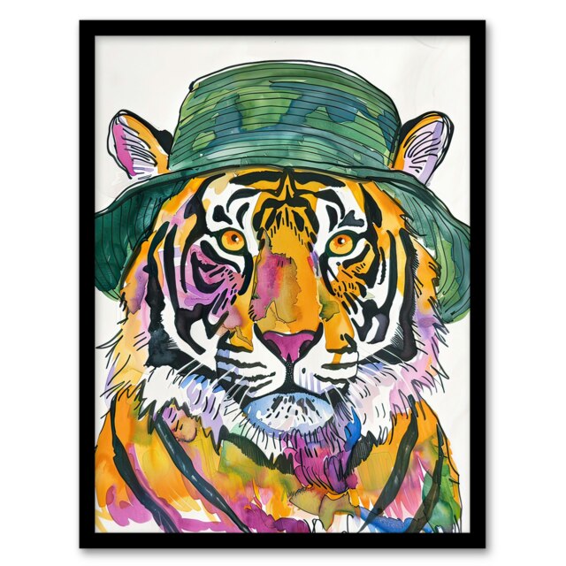 Tiger With Bucket Hat Hip Hop Culture Fun Animal Black Framed Wall Art Print A4