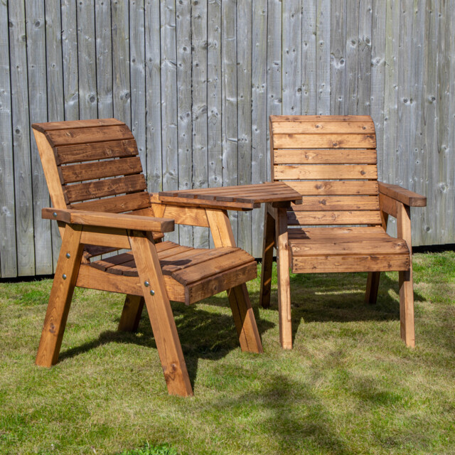 Hand Made 2 Seater Chunky Rustic Wooden Garden Furniture Love Seat with Tray Assembled