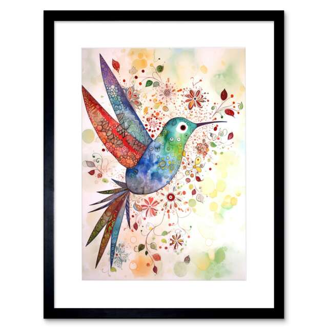 "Hummingbird Flower Patterns Folk Art Watercolour 9x7"" Black Framed Wall Art Print"