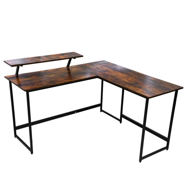 Abrihome L Computer Desk with Self Corner Desk Work Table Home Office Table Industrial Rustic, Brown