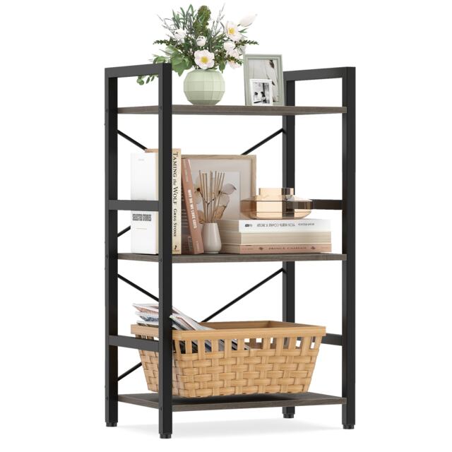 COSTWAY 3-Tier Industrial Bookshelf 42 CM Width Wooden Open Bookcase