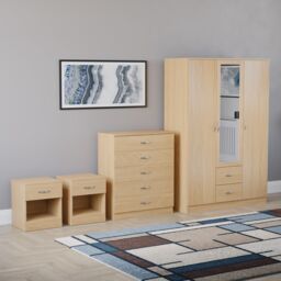 Vida Designs Riano 4 Piece Bedroom Set (2x 1 Drawer Bedside Chest, 5 Drawer Chest, 3 Door 2 Drawer Mirrored Wardrobe) - Pine