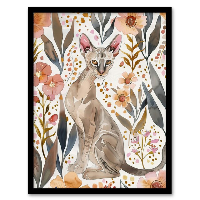 Cat Lover Oriental Shorthair with Anemone Flowers Black Framed Wall Art Print A4