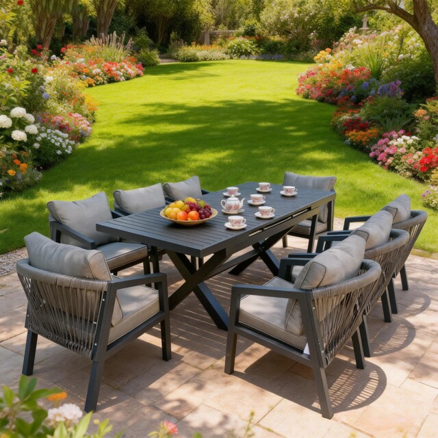 9 Pieces Outdoor Dining Set, 8 Seater Aluminum Patio Furniture Set with Extending Table