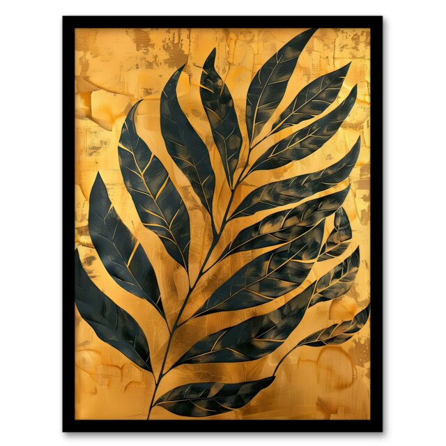 Gold Effect Plant Lover Leaf Living Room Black Framed Wall Art Print A4