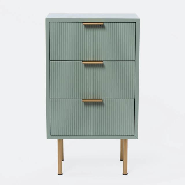 OHS 3 Drawer Modern Ribbed Office Side Bedroom Nightstand Bedside Table Green Sage