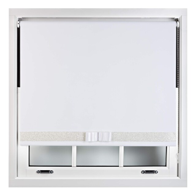 FURNISHED Blackout Roller Blind with White Glitter Trim and White Bow Trimmable Window Shade White White (W) 215cm x (L) 165cm