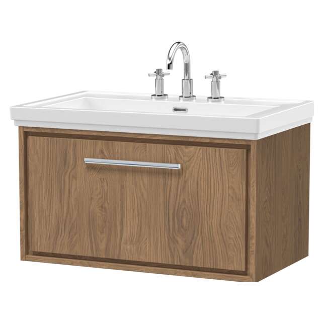 Balterley Longnor 1 Drawer Wall Hung Vanity Unit with 3 Tap Hole Traditional Fireclay Basin, Antique Oak, 800mm