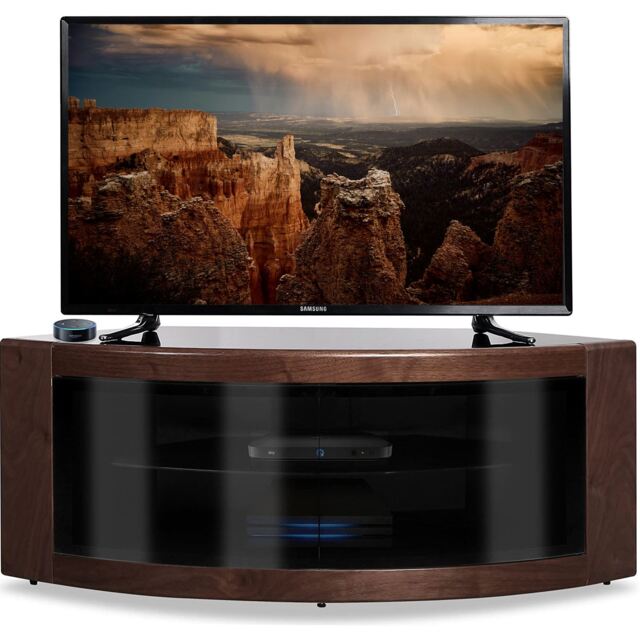"Homeology PANGEA Black with Walnut Veneer Beam-Thru Glass Door Curved Unit Tru-Corner 32""-50"" TV Cabinet"