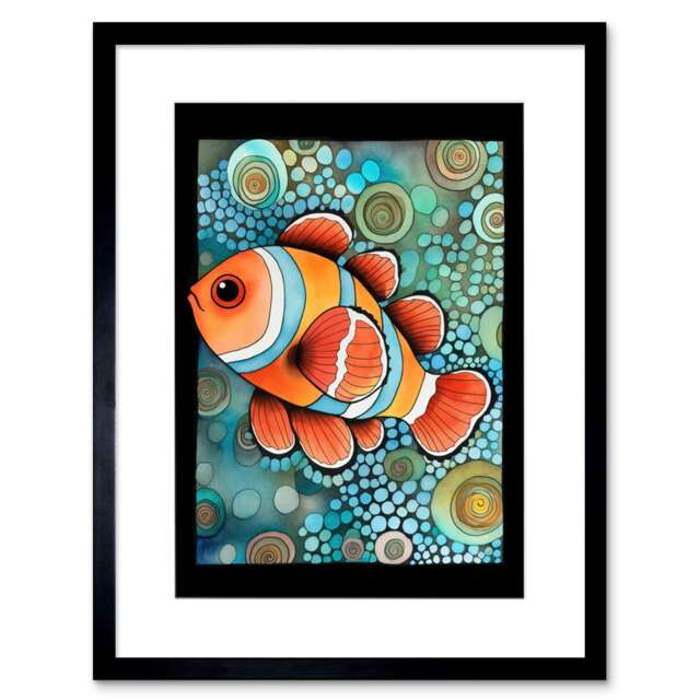 "Clownfish Coral Patterns Folk Art Watercolour Painting 9x7"" Black Framed Wall Art Print"