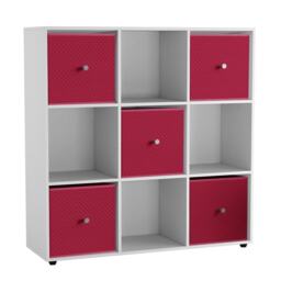 9 Cube Wooden Bookcase Shelving Unit with 5 Collapsible Fabric Drawers Multi White & Fuchsia 1
