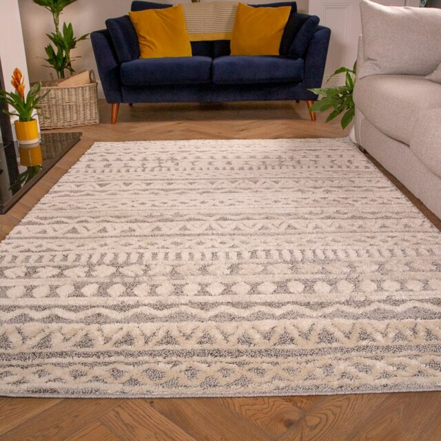 KUKOON Grey Cream Aztec Loop Pile Living Room Area Rug 60cm x 110cm Grey