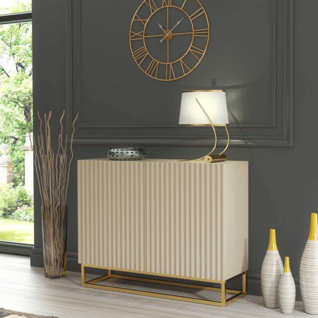 Sideboard Cabinet Storage Cupboard Fluted Doors Cashmere Matt Gold Metal Legs Living Dining Room Hallway Furniture 100cm