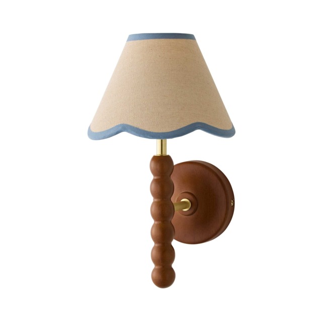 ValueLights Bobble Walnut Wall Light Blue Trim Scallop Shade Brown Blue