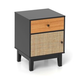 COSTWAY Rattan Nightstand Mid Bedside Table Black Black