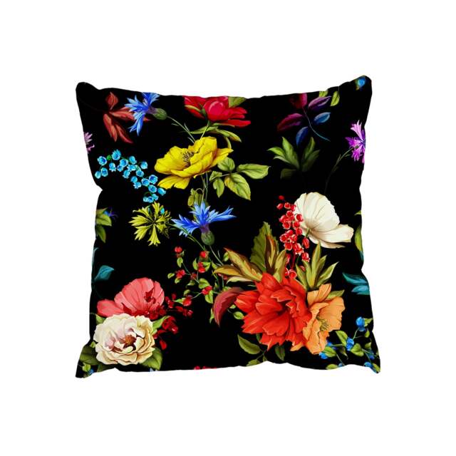 Poppy, wild roses, cornflower with leaves on black (Outdoor Cushion)