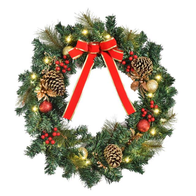 HOMCOM Pre-Lit Artificial Christmas Door Wreath Holly Garland Decor 20 LED