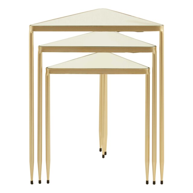 Set of 3 Triangle Nesting Tables,Gold Side Tables With Mirrored Tops,Sleek Triangle End Tables,Accent Tables Gold