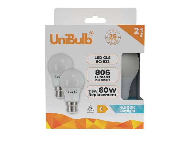 UniBulb LED GLS B22 Bayonet Cap (BC) 806lm 7.3W (Replaces 60W) 6500K (Daylight) Light Bulb - Pack of 2 White Daylight 2