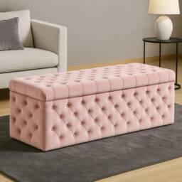137cm Wide Lux Ottoman Storage Box, Pink Velvet Upholstered Chesterfield Storage Ottoman Box