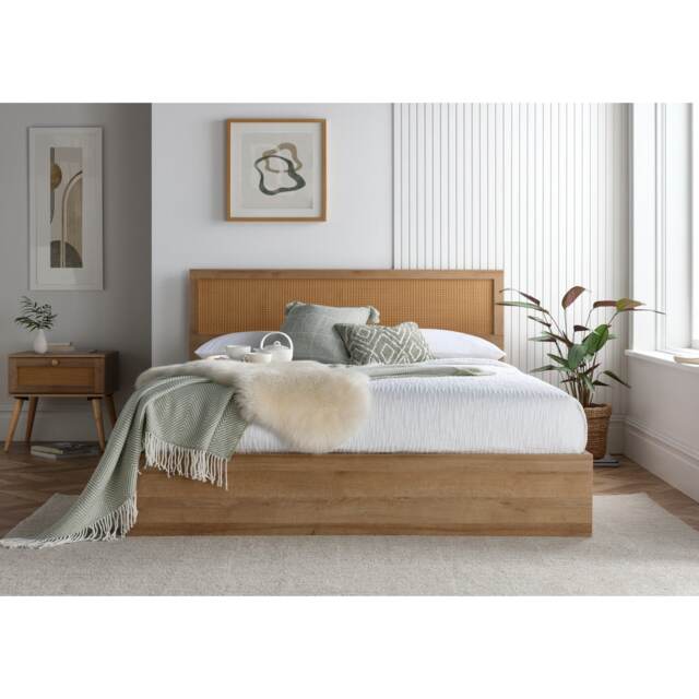 Oak Finish Double Ottoman Bed in Light Brown
