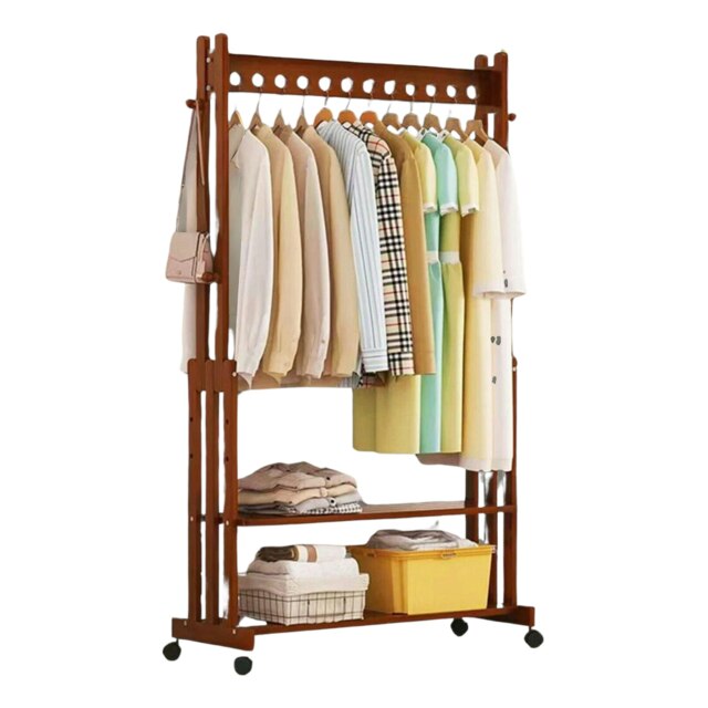 Wooden Clothes Rail With Shelves & Wheels Walnut Brown Brown One Size