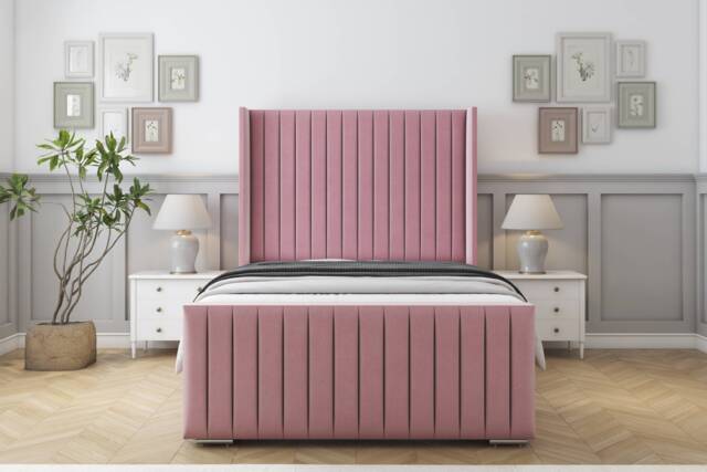 "Sloomy Marlborough Pink Plush Bed Frame With Mattress With 50"" Upholstered Wingback Headboard 6' Super King"