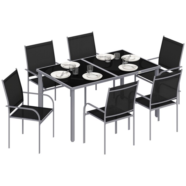 Outsunny 7 Piece Garden Dining Set, Outdoor Table and 6 Stackable Chairs, Steel Frame, Tempered Glass Top Table, Mesh Seats, Black