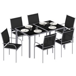 Outsunny 7 Piece Garden Dining Set, Outdoor Table and 6 Stackable Chairs, Steel Frame, Tempered Glass Top Table, Mesh Seats, Black