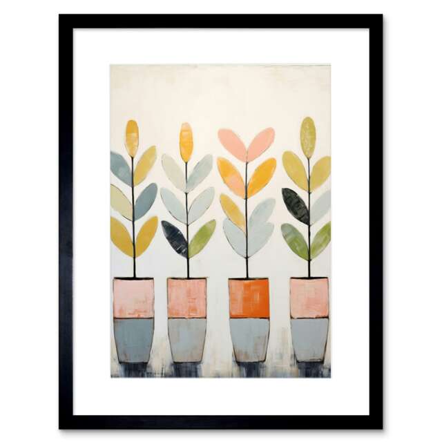 "Row Of Houseplants Pastel Colour Plant Lover 9x7"" Black Framed Wall Art Print"