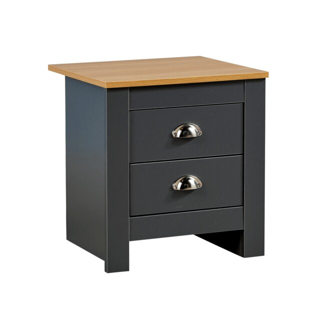 Bedside 2 Drawer Bedroom Furniture Graphite Oak Top Metal Handle Wood Nightstand