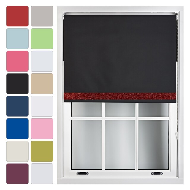 FURNISHED Blackout Roller Blinds with Red Glitter Trim Made to Measure Black Black (W) 90cm x (L) 165cm
