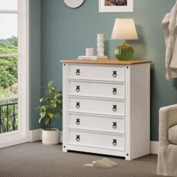Mercers Furniture Corona White Small 5 Drawer Chest Solid Wood Pine Wooden with Mexican Shabby Chic Styling