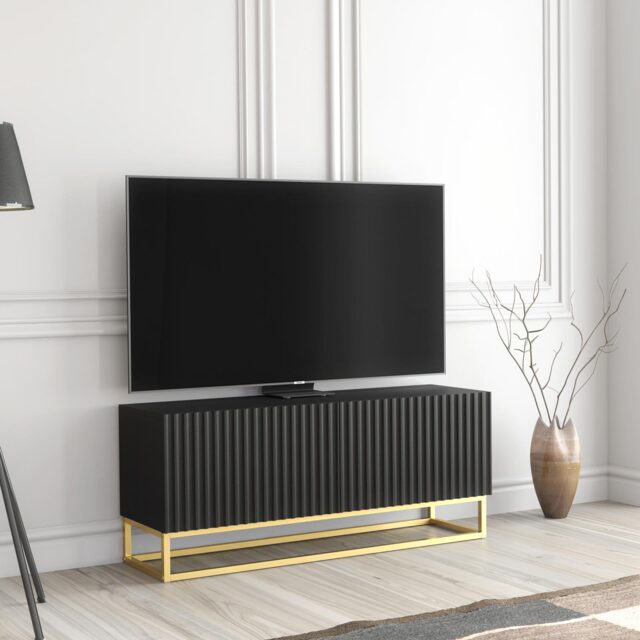 TV Unit Stand Cabinet Sideboard Media Cabinet Storage Unit Black Fluted Gold Base 100cm