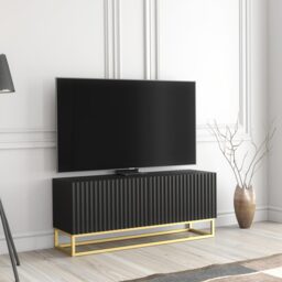 TV Unit Stand Cabinet Sideboard Media Cabinet Storage Unit Black Fluted Gold Base 100cm