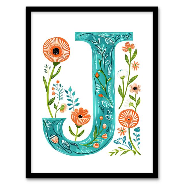 Letter J Poppy Floral Birthday Gift Mum for Her Black Framed Wall Art Print A4