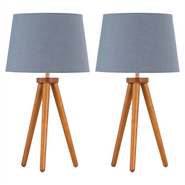 Set of 2 Dark Oak Table Lamp or Bedside Lights with Grey Shades Brown Grey Large 2