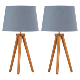 Set of 2 Dark Oak Table Lamp or Bedside Lights with Grey Shades Brown Grey Large 2