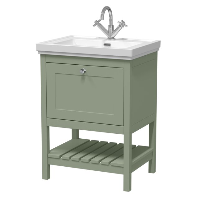 Balterley Rye Traditional Bathroom 1 Soft Close Drawer Floor Standing Vanity Unit Basin - Vanity Unit, 1 Tap Hole Green Matt Green