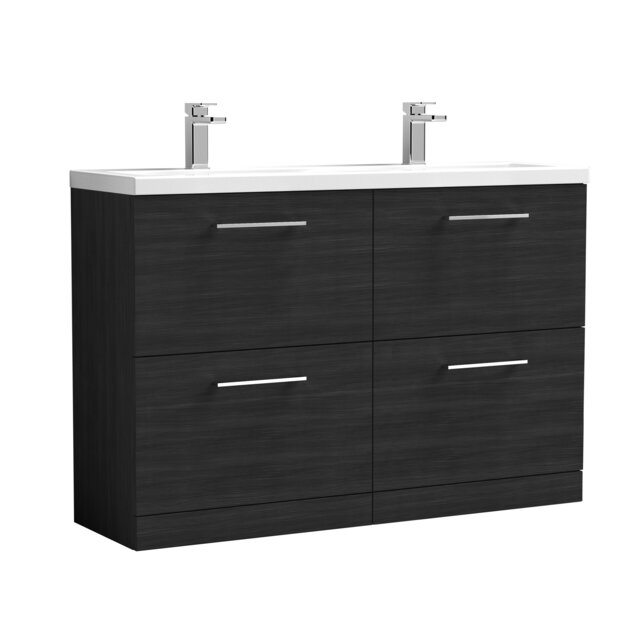 Balterley Level Floor Standing 4 Drawer Double Basin Vanity Unit for Modern Bathroom Storage Black Black Woodgrain