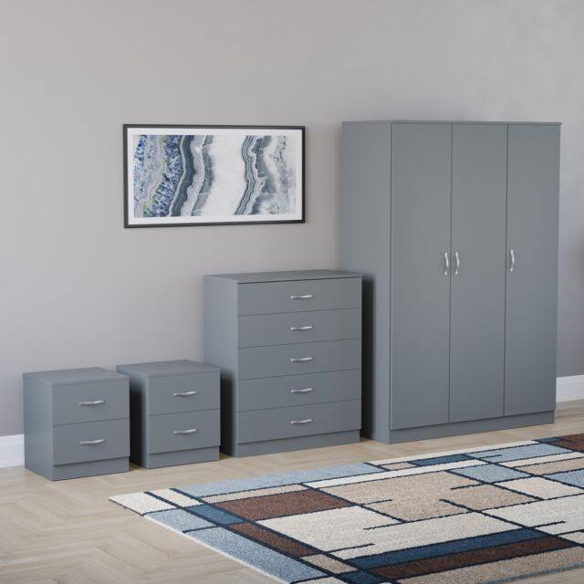 Vida Designs Riano 4 Piece Bedroom Set (2x 2 Drawer Bedside Chest, 5 Drawer Chest, 3 Door Wardrobe) - Grey