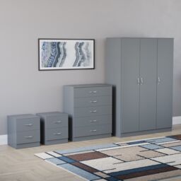 Vida Designs Riano 4 Piece Bedroom Set (2x 2 Drawer Bedside Chest, 5 Drawer Chest, 3 Door Wardrobe) - Grey