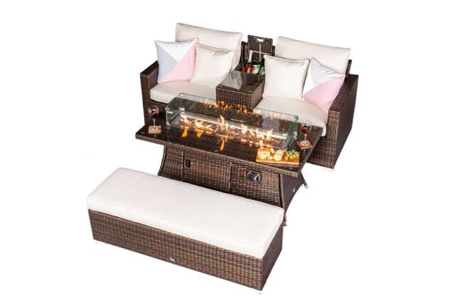 Havana 2 Seat Modular Sofa Rattan Garden Balcony Furniture Set Outdoor Drinks Cooler Table, Fire Pit Coffee Table & Bench Brown Brown Two Seater