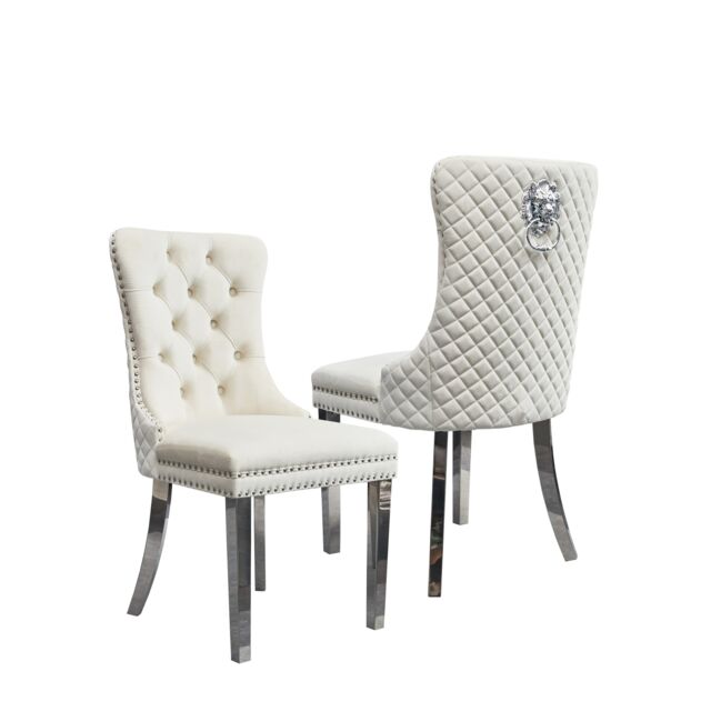 Groundlevel Set Of 2 Plush Velvet Dining Chairs With Lion Head Knocker Luxurious Cream